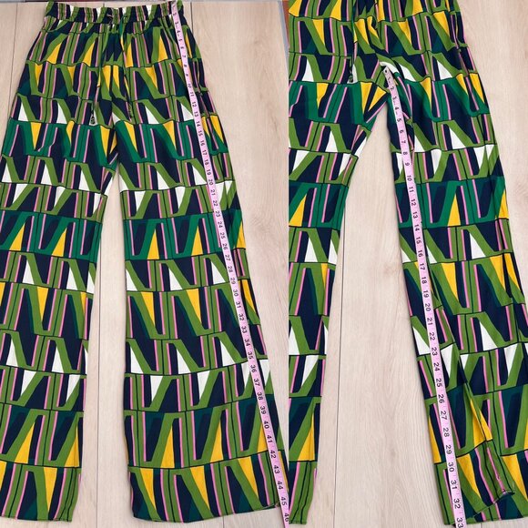 Zara Geometric Green Yellow Pink Print Palazzo Pants w/ Pockets M 60's Aesthetic - Picture 5 of 15